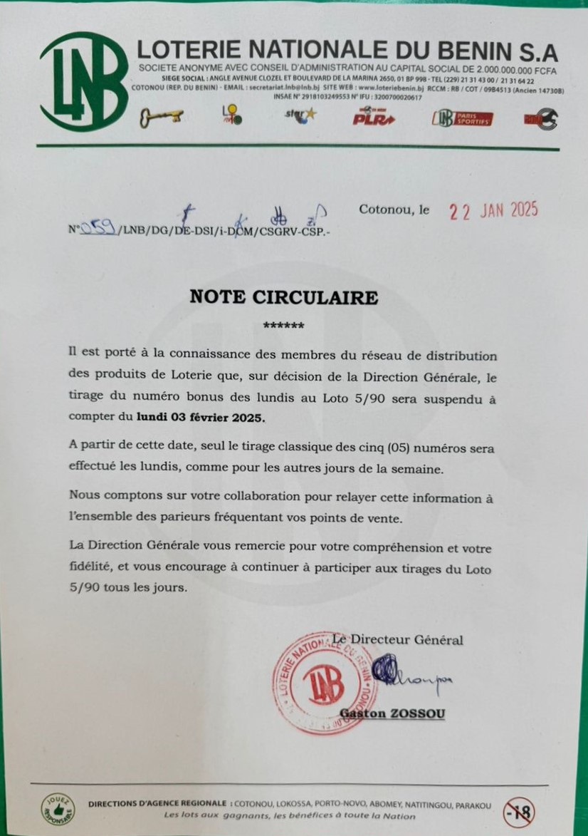 Suspension du numéro bonus des lundis au Loto 5/90